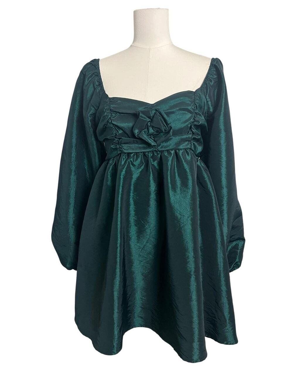 Charmed hearts Mini Swing Dress Womens Large Green Satin Square Neck Balloon Slv